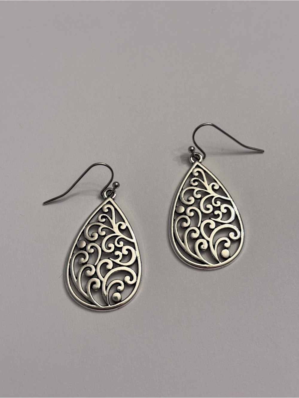 Elegant Scrollwork Teardrop Dangle Earrings - Silver